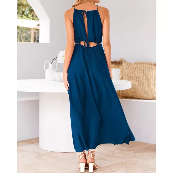 BTFBM Women 2024 Summer Sleeveless Halter Maxi Dress Cutout Backless Slit Boho Party Cocktail Casual Beach Sun DressesSolid Dark Blue