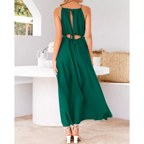 BTFBM Women 2024 Summer Sleeveless Halter Maxi Dress Cutout Backless Slit Boho Party Cocktail Casual Beach Sun DressesSolid Dark Green