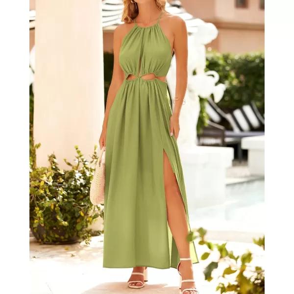 BTFBM Women 2024 Summer Sleeveless Halter Maxi Dress Cutout Backless Slit Boho Party Cocktail Casual Beach Sun DressesSolid Green
