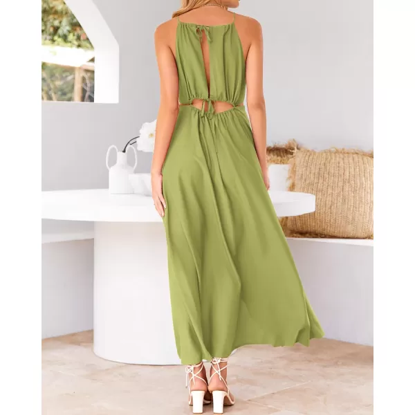 BTFBM Women 2024 Summer Sleeveless Halter Maxi Dress Cutout Backless Slit Boho Party Cocktail Casual Beach Sun DressesSolid Green
