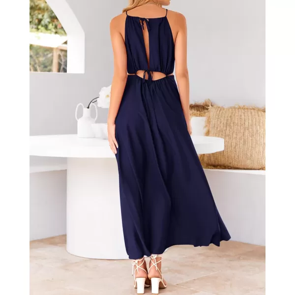 BTFBM Women 2024 Summer Sleeveless Halter Maxi Dress Cutout Backless Slit Boho Party Cocktail Casual Beach Sun DressesSolid Navy