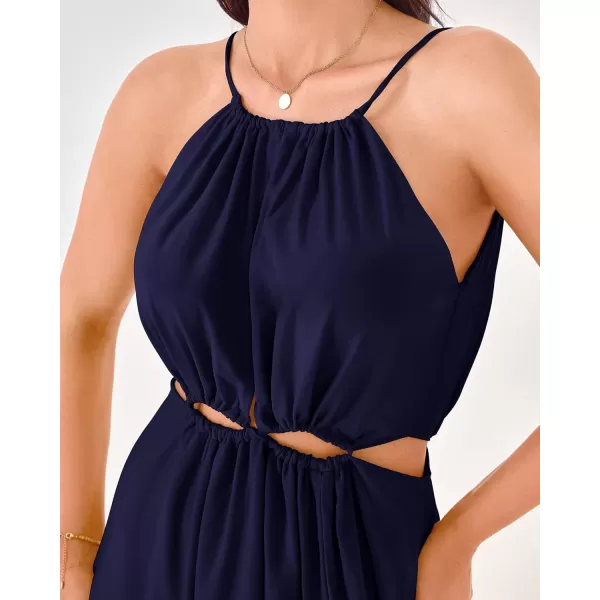 BTFBM Women 2024 Summer Sleeveless Halter Maxi Dress Cutout Backless Slit Boho Party Cocktail Casual Beach Sun DressesSolid Navy