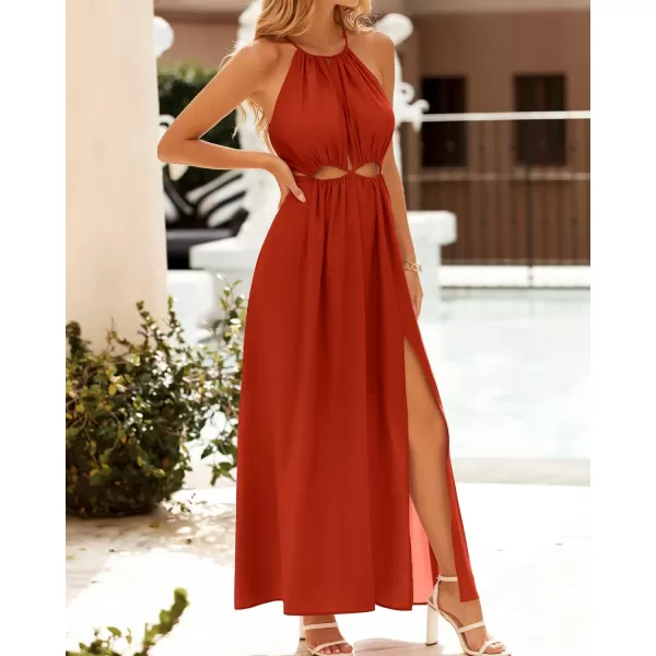 BTFBM Women 2024 Summer Sleeveless Halter Maxi Dress Cutout Backless Slit Boho Party Cocktail Casual Beach Sun DressesSolid Orange Red