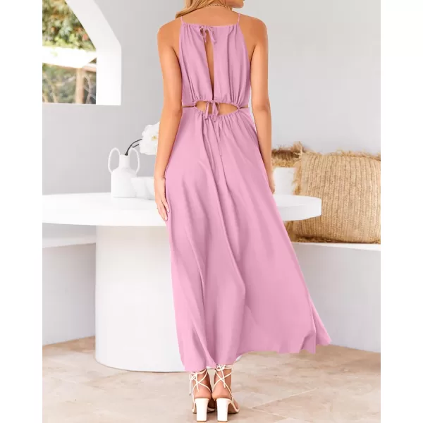BTFBM Women 2024 Summer Sleeveless Halter Maxi Dress Cutout Backless Slit Boho Party Cocktail Casual Beach Sun DressesSolid Pink
