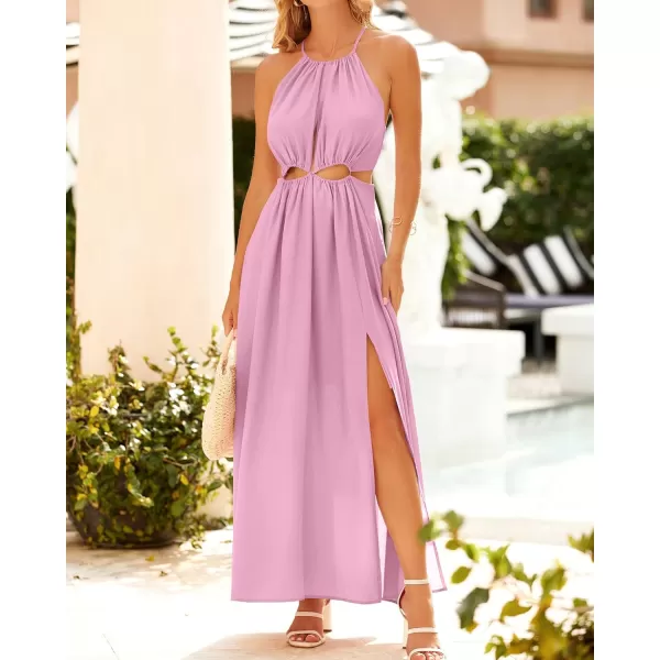 BTFBM Women 2024 Summer Sleeveless Halter Maxi Dress Cutout Backless Slit Boho Party Cocktail Casual Beach Sun DressesSolid Pink