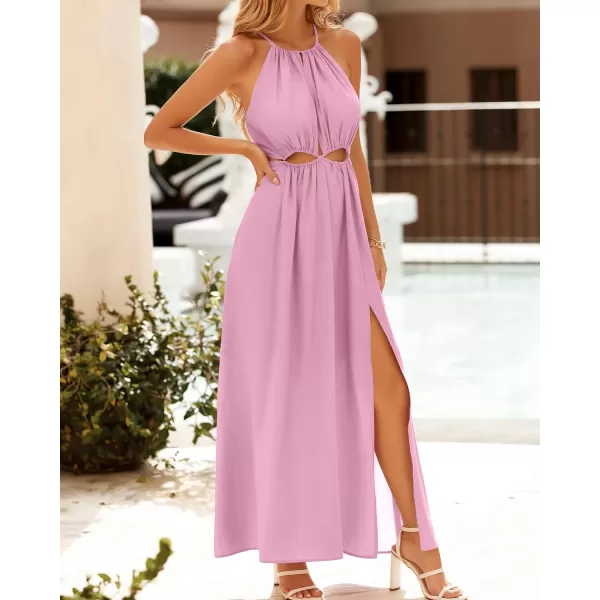 BTFBM Women 2024 Summer Sleeveless Halter Maxi Dress Cutout Backless Slit Boho Party Cocktail Casual Beach Sun DressesSolid Pink