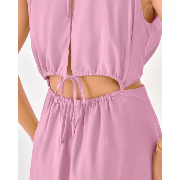 BTFBM Women 2024 Summer Sleeveless Halter Maxi Dress Cutout Backless Slit Boho Party Cocktail Casual Beach Sun DressesSolid Pink