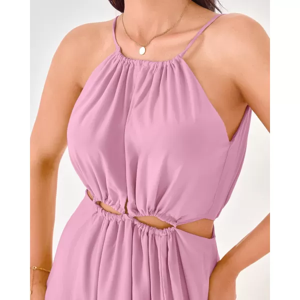 BTFBM Women 2024 Summer Sleeveless Halter Maxi Dress Cutout Backless Slit Boho Party Cocktail Casual Beach Sun DressesSolid Pink