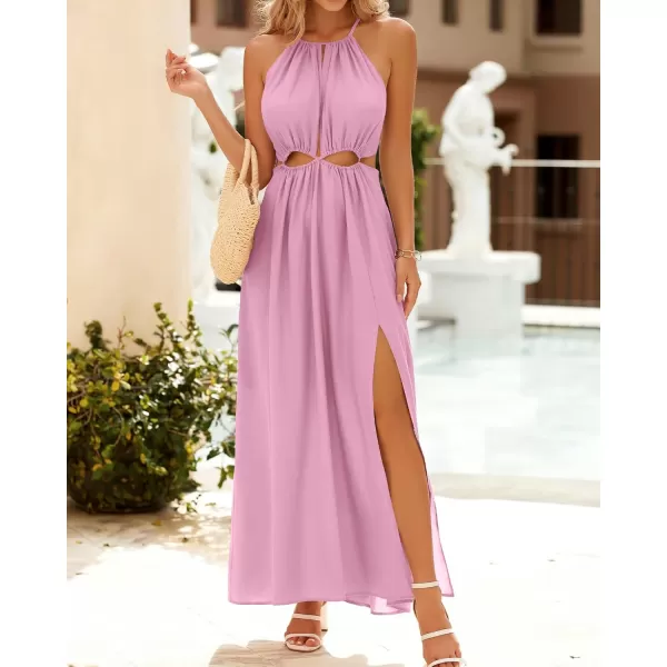 BTFBM Women 2024 Summer Sleeveless Halter Maxi Dress Cutout Backless Slit Boho Party Cocktail Casual Beach Sun DressesSolid Pink