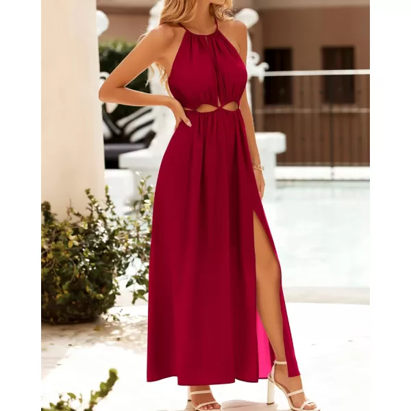 BTFBM Women 2024 Summer Sleeveless Halter Maxi Dress Cutout Backless Slit Boho Party Cocktail Casual Beach Sun DressesSolid Red