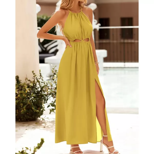 BTFBM Women 2024 Summer Sleeveless Halter Maxi Dress Cutout Backless Slit Boho Party Cocktail Casual Beach Sun DressesSolid Yellow