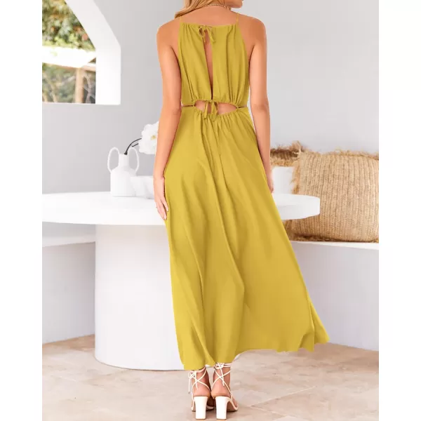 BTFBM Women 2024 Summer Sleeveless Halter Maxi Dress Cutout Backless Slit Boho Party Cocktail Casual Beach Sun DressesSolid Yellow