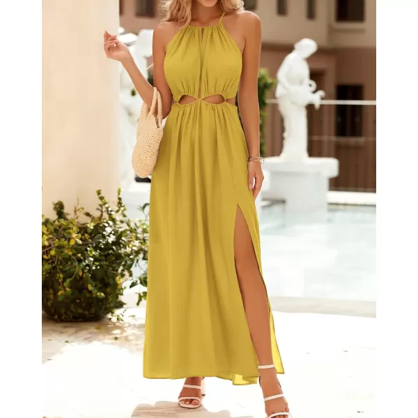 BTFBM Women 2024 Summer Sleeveless Halter Maxi Dress Cutout Backless Slit Boho Party Cocktail Casual Beach Sun DressesSolid Yellow