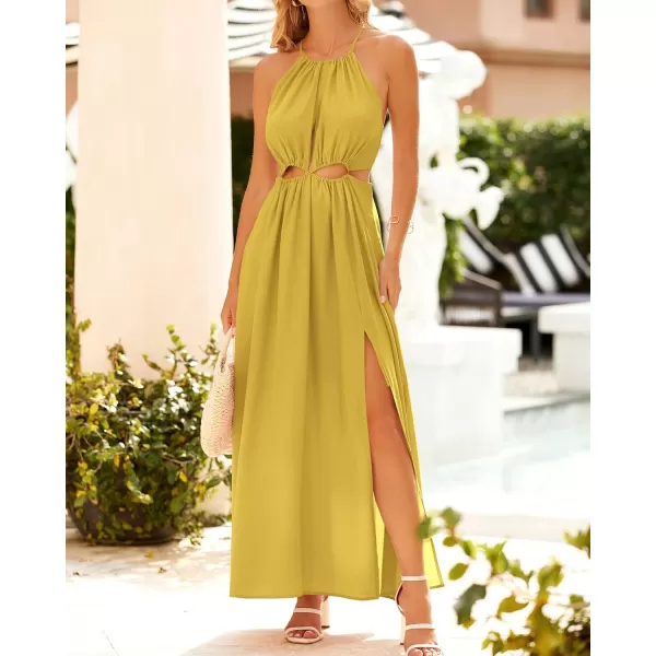 BTFBM Women 2024 Summer Sleeveless Halter Maxi Dress Cutout Backless Slit Boho Party Cocktail Casual Beach Sun DressesSolid Yellow