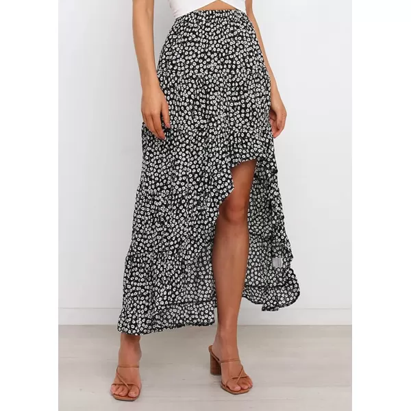 BTFBM Women 2024 Summer Spring Boho Long Skirts Dress Floral Print Elastic Waist Split Ruffle High Low Beach Maxi SkirtBlack White
