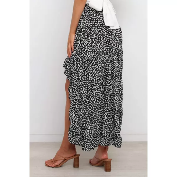 BTFBM Women 2024 Summer Spring Boho Long Skirts Dress Floral Print Elastic Waist Split Ruffle High Low Beach Maxi SkirtBlack White