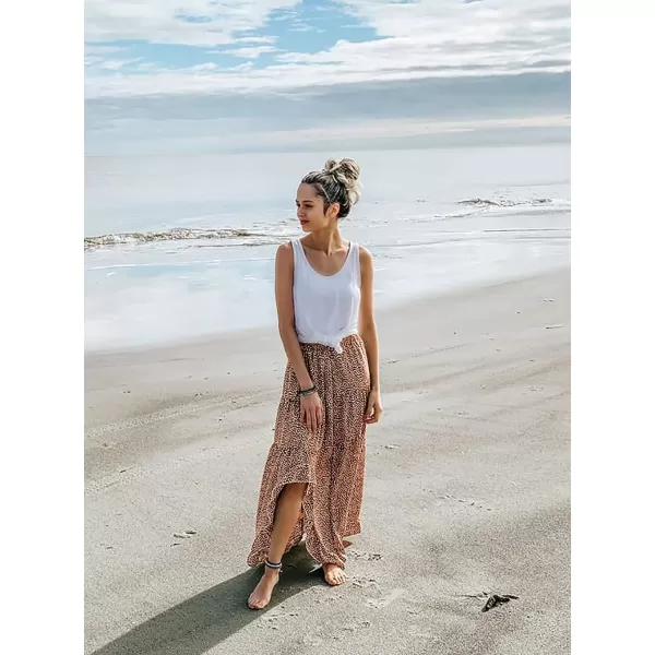 BTFBM Women 2024 Summer Spring Boho Long Skirts Dress Floral Print Elastic Waist Split Ruffle High Low Beach Maxi SkirtBrick Red