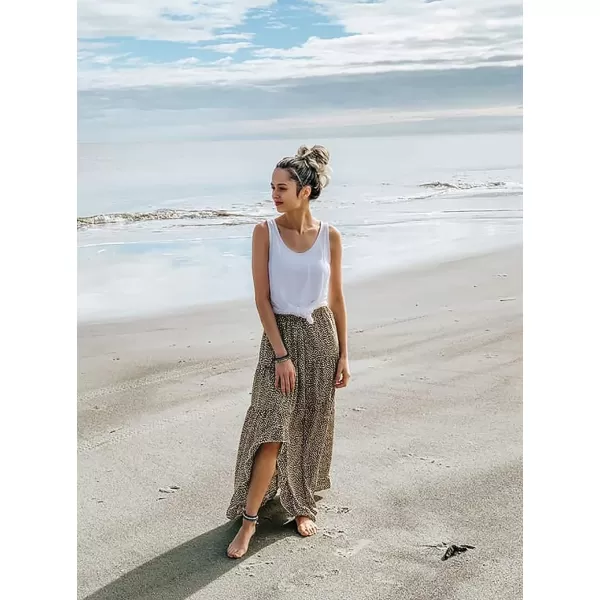 BTFBM Women 2024 Summer Spring Boho Long Skirts Dress Floral Print Elastic Waist Split Ruffle High Low Beach Maxi SkirtCoffee