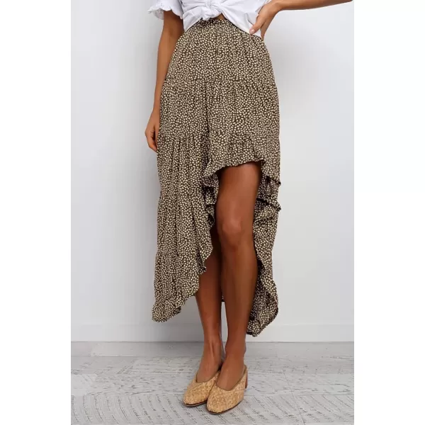 BTFBM Women 2024 Summer Spring Boho Long Skirts Dress Floral Print Elastic Waist Split Ruffle High Low Beach Maxi SkirtCoffee