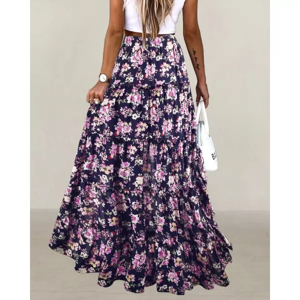 BTFBM Women 2024 Summer Spring Boho Long Skirts Dress Floral Print Elastic Waist Split Ruffle High Low Beach Maxi SkirtFloral Bright Blue