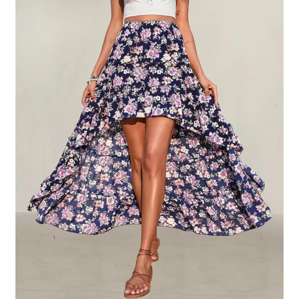 BTFBM Women 2024 Summer Spring Boho Long Skirts Dress Floral Print Elastic Waist Split Ruffle High Low Beach Maxi SkirtFloral Bright Blue