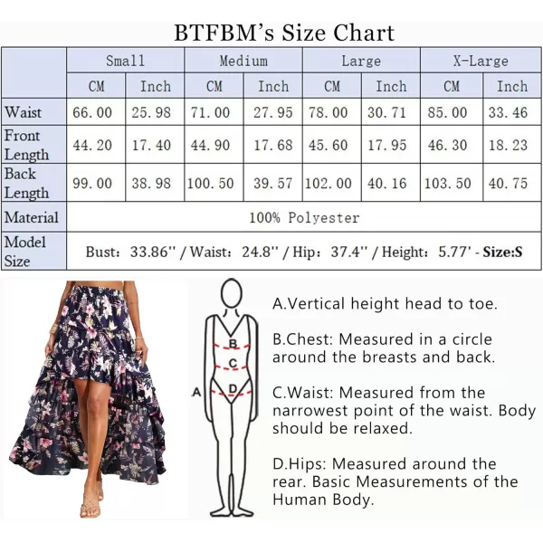 BTFBM Women 2024 Summer Spring Boho Long Skirts Dress Floral Print Elastic Waist Split Ruffle High Low Beach Maxi SkirtFloral Dark Blue