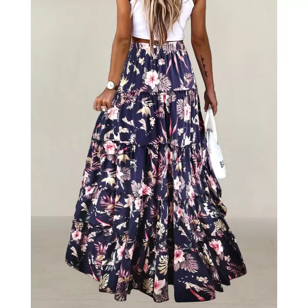 BTFBM Women 2024 Summer Spring Boho Long Skirts Dress Floral Print Elastic Waist Split Ruffle High Low Beach Maxi SkirtFloral Dark Blue