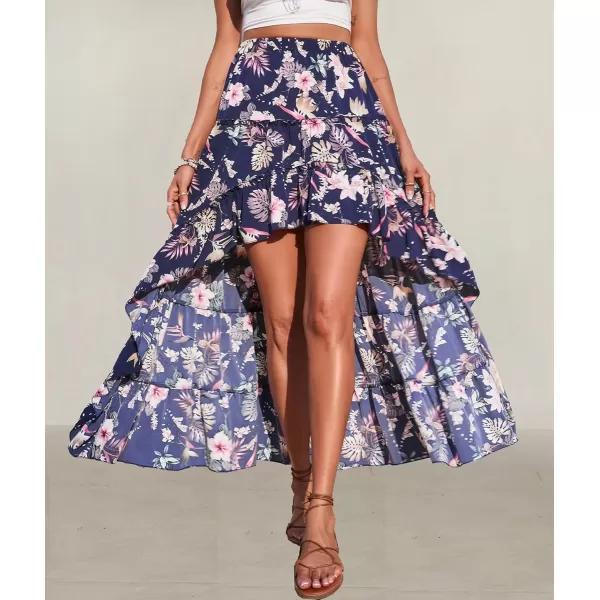 BTFBM Women 2024 Summer Spring Boho Long Skirts Dress Floral Print Elastic Waist Split Ruffle High Low Beach Maxi SkirtFloral Dark Blue