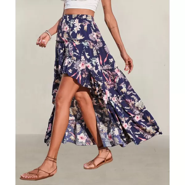 BTFBM Women 2024 Summer Spring Boho Long Skirts Dress Floral Print Elastic Waist Split Ruffle High Low Beach Maxi SkirtFloral Dark Blue