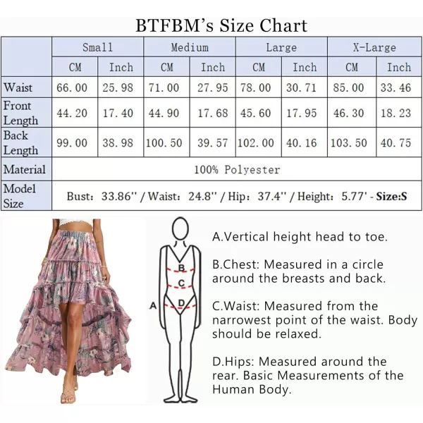 BTFBM Women 2024 Summer Spring Boho Long Skirts Dress Floral Print Elastic Waist Split Ruffle High Low Beach Maxi SkirtFloral Dark Pink