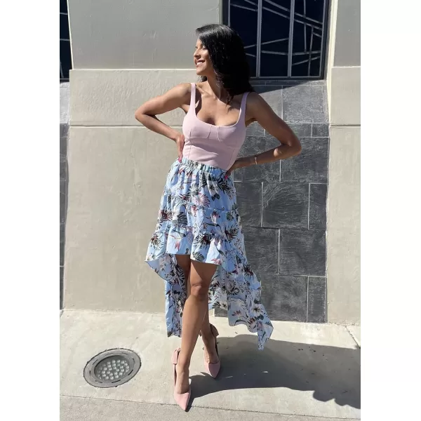 BTFBM Women 2024 Summer Spring Boho Long Skirts Dress Floral Print Elastic Waist Split Ruffle High Low Beach Maxi SkirtFloral Light Blue