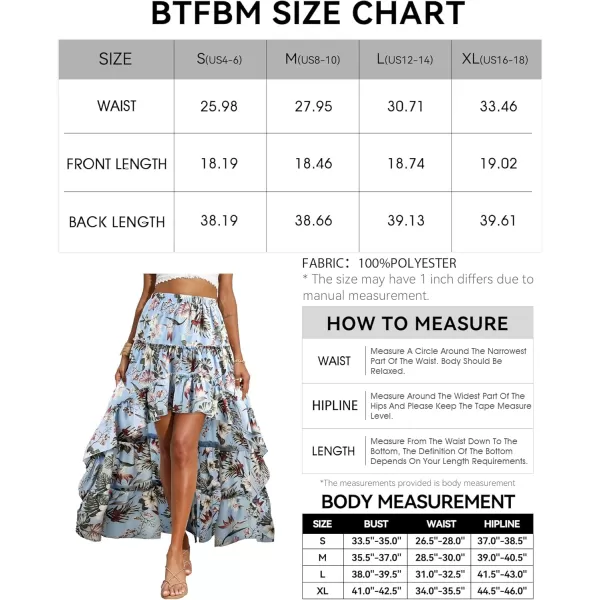 BTFBM Women 2024 Summer Spring Boho Long Skirts Dress Floral Print Elastic Waist Split Ruffle High Low Beach Maxi SkirtFloral Light Blue