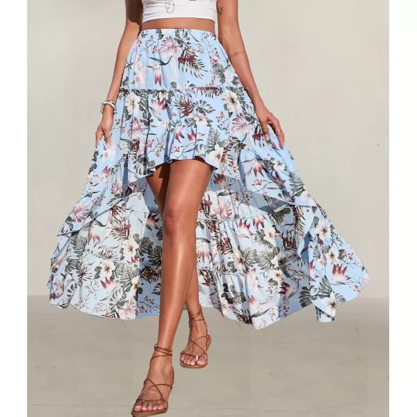 BTFBM Women 2024 Summer Spring Boho Long Skirts Dress Floral Print Elastic Waist Split Ruffle High Low Beach Maxi SkirtFloral Light Blue