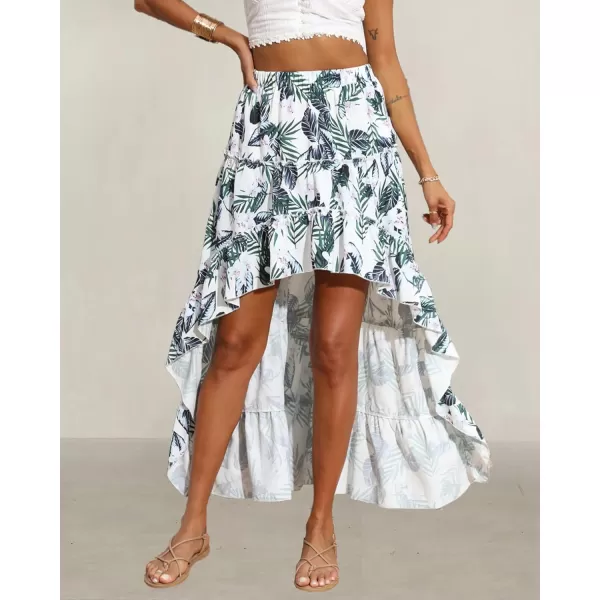 BTFBM Women 2024 Summer Spring Boho Long Skirts Dress Floral Print Elastic Waist Split Ruffle High Low Beach Maxi SkirtFloral White