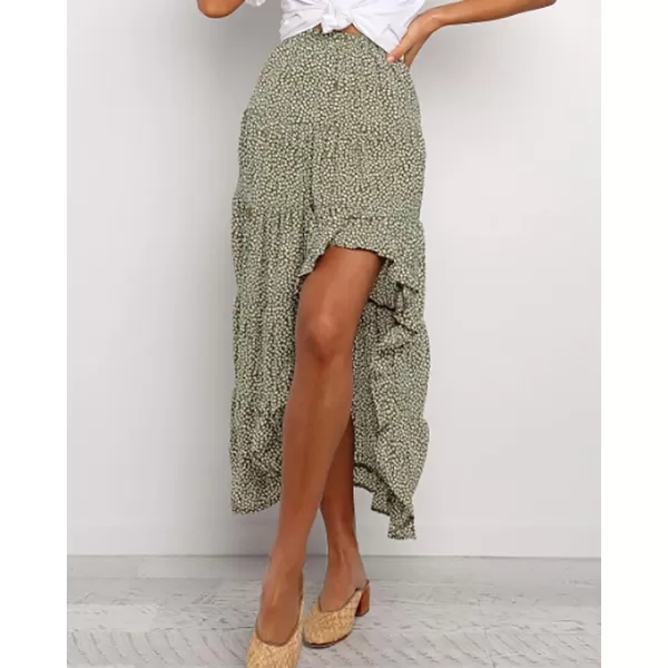 BTFBM Women 2024 Summer Spring Boho Long Skirts Dress Floral Print Elastic Waist Split Ruffle High Low Beach Maxi SkirtGreen