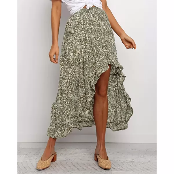 BTFBM Women 2024 Summer Spring Boho Long Skirts Dress Floral Print Elastic Waist Split Ruffle High Low Beach Maxi SkirtGreen