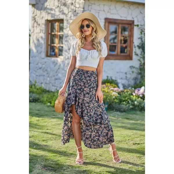 BTFBM Women 2024 Summer Spring Boho Long Skirts Dress Floral Print Elastic Waist Split Ruffle High Low Beach Maxi SkirtPrint Floral Black