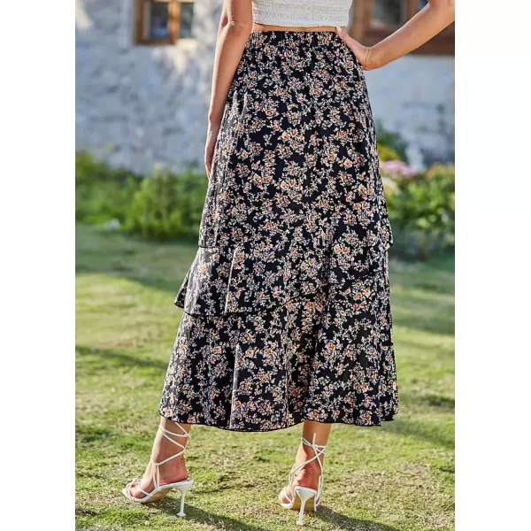 BTFBM Women 2024 Summer Spring Boho Long Skirts Dress Floral Print Elastic Waist Split Ruffle High Low Beach Maxi SkirtPrint Floral Black