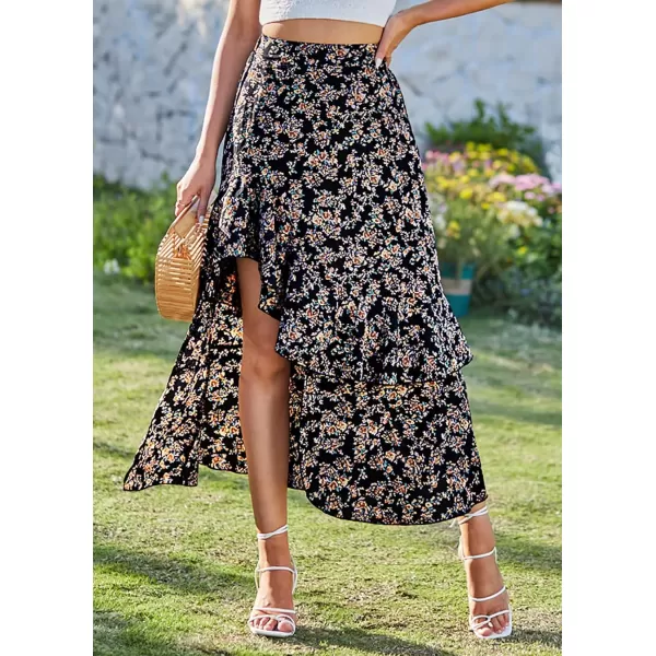 BTFBM Women 2024 Summer Spring Boho Long Skirts Dress Floral Print Elastic Waist Split Ruffle High Low Beach Maxi SkirtPrint Floral Black