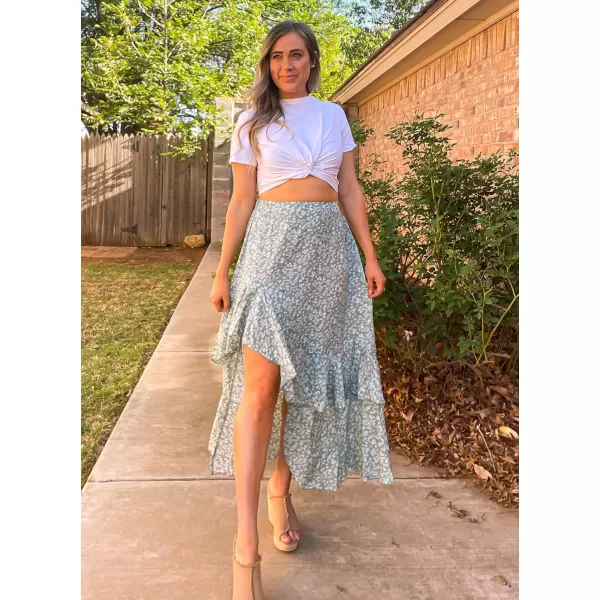 BTFBM Women 2024 Summer Spring Boho Long Skirts Dress Floral Print Elastic Waist Split Ruffle High Low Beach Maxi SkirtPrint Floral Green