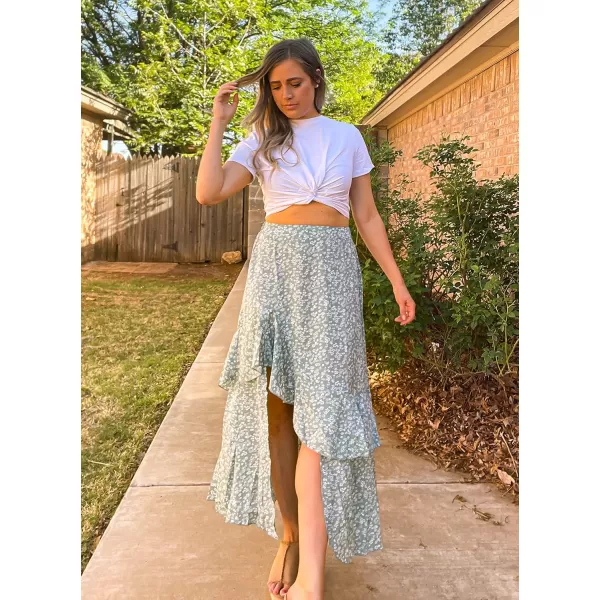 BTFBM Women 2024 Summer Spring Boho Long Skirts Dress Floral Print Elastic Waist Split Ruffle High Low Beach Maxi SkirtPrint Floral Green
