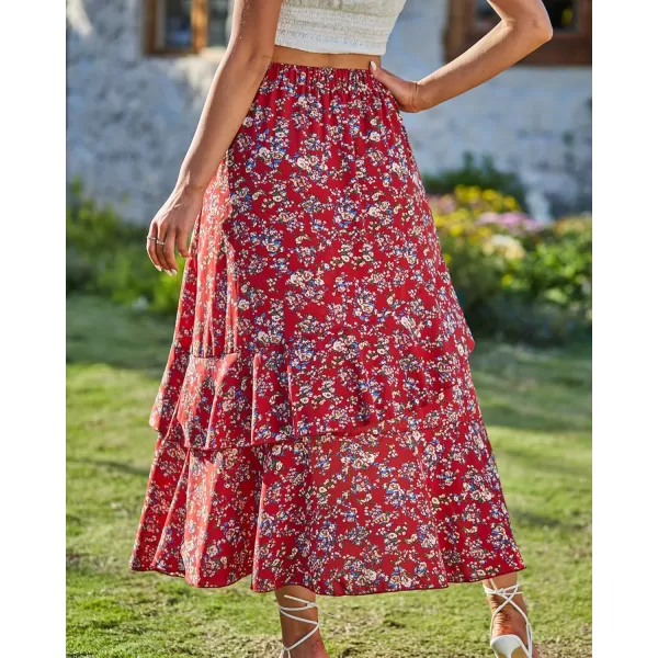 BTFBM Women 2024 Summer Spring Boho Long Skirts Dress Floral Print Elastic Waist Split Ruffle High Low Beach Maxi SkirtPrint Floral Red