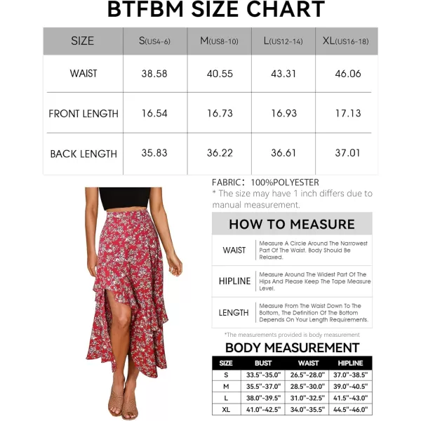 BTFBM Women 2024 Summer Spring Boho Long Skirts Dress Floral Print Elastic Waist Split Ruffle High Low Beach Maxi SkirtPrint Floral Red