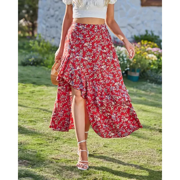 BTFBM Women 2024 Summer Spring Boho Long Skirts Dress Floral Print Elastic Waist Split Ruffle High Low Beach Maxi SkirtPrint Floral Red
