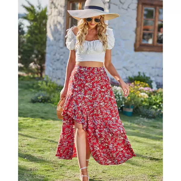 BTFBM Women 2024 Summer Spring Boho Long Skirts Dress Floral Print Elastic Waist Split Ruffle High Low Beach Maxi SkirtPrint Floral Red