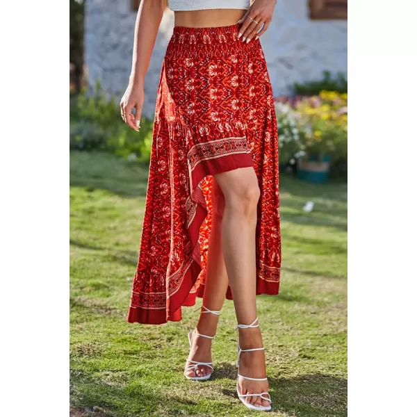BTFBM Women 2024 Summer Spring Boho Long Skirts Dress Floral Print Elastic Waist Split Ruffle High Low Beach Maxi SkirtX  Floral Red