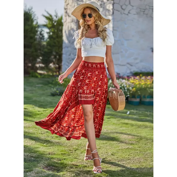BTFBM Women 2024 Summer Spring Boho Long Skirts Dress Floral Print Elastic Waist Split Ruffle High Low Beach Maxi SkirtX  Floral Red