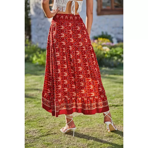 BTFBM Women 2024 Summer Spring Boho Long Skirts Dress Floral Print Elastic Waist Split Ruffle High Low Beach Maxi SkirtX  Floral Red