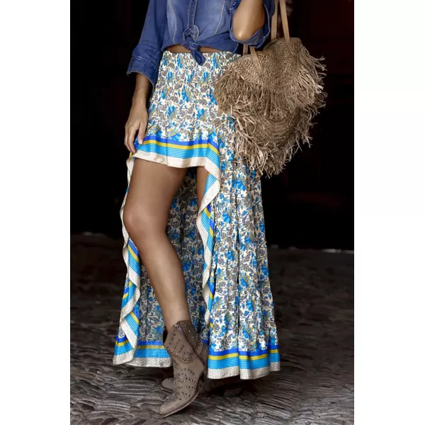 BTFBM Women 2024 Summer Spring Boho Long Skirts Dress Floral Print Elastic Waist Split Ruffle High Low Beach Maxi SkirtXblue