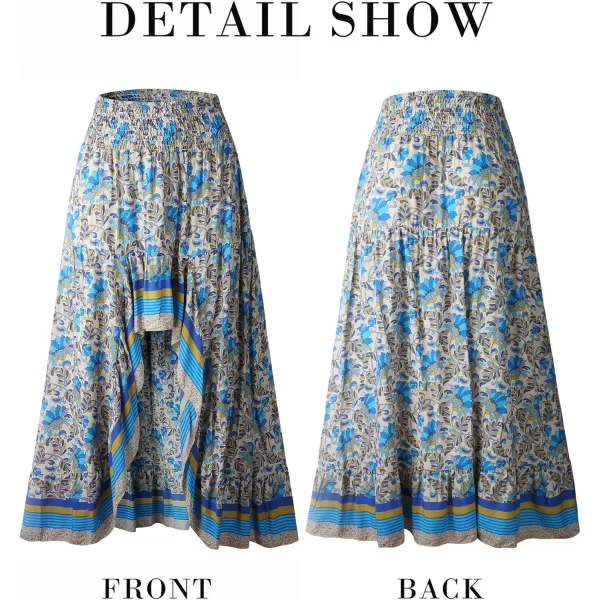 BTFBM Women 2024 Summer Spring Boho Long Skirts Dress Floral Print Elastic Waist Split Ruffle High Low Beach Maxi SkirtXblue